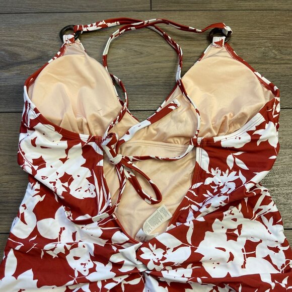 Cupshe Floral One Piece Swimsuit Womens XL O-Ring Back Tie Straps V Neck Red NEW - Picture 6 of 11